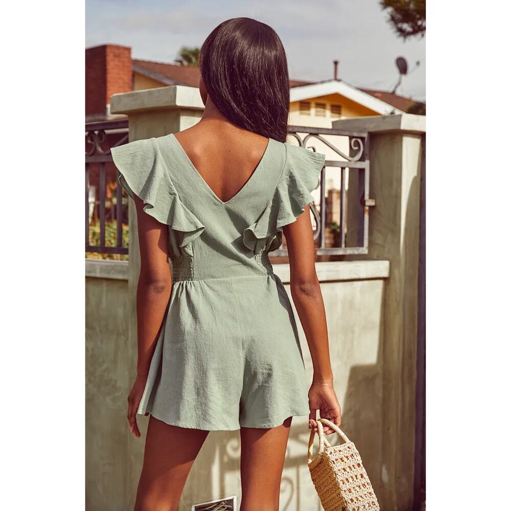 NEW Lulus Making My Heart Flutter Sage Green Ruffled Button-Front Romper Size XS - Picture 2 of 14